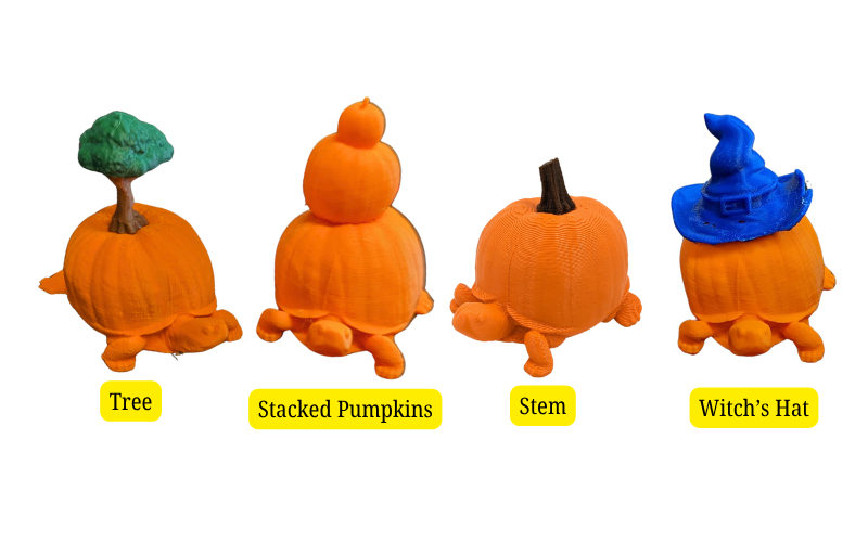 Terpumpkin Toppers 2025 Some of the Terpumpkin toppers: stacked pumpkin, stem, tree, and witch’s hat